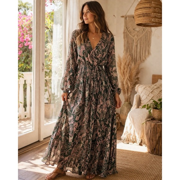 indigo Rose Dresses & Skirts - Women's Paisley Boho Wrap Maxi Dress Mulitcolor Long Sleeve Festival Resort Flow